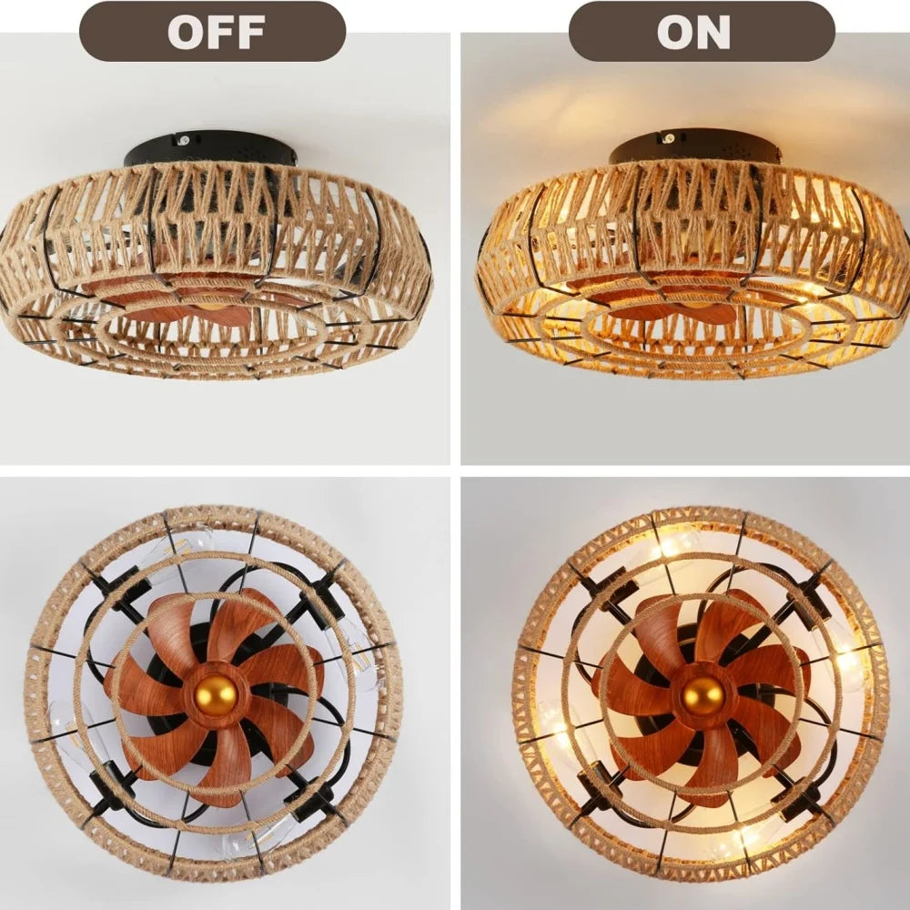 Juniper Hemp Rope Ceiling Fan with Light for Dining Room – Remote Control – detail view 3