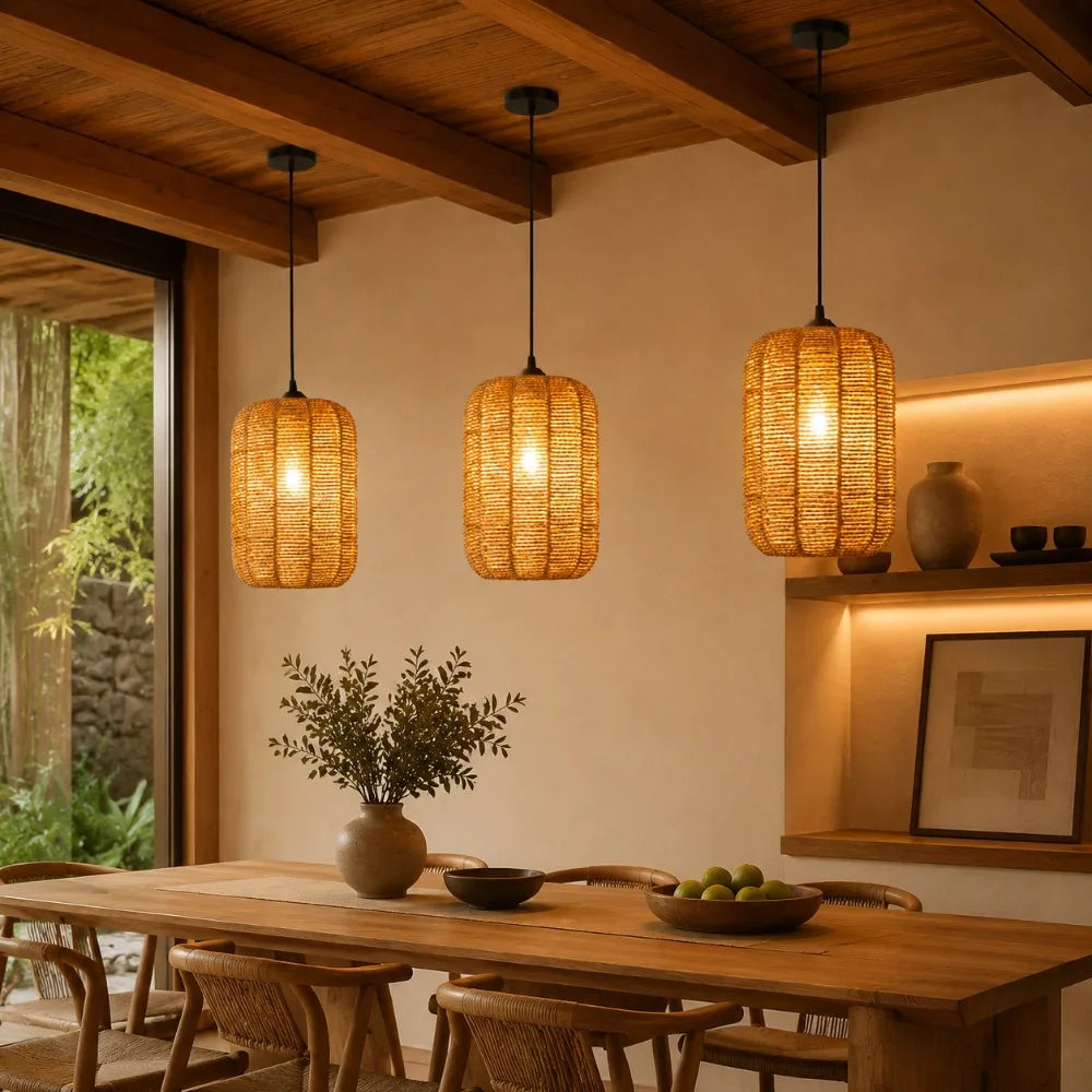 Paper & Rattan Pendant Light – Organic Modern for Kitchen Island, Dining Room, Restaurant | Mirelle Orbit by Evenlyr