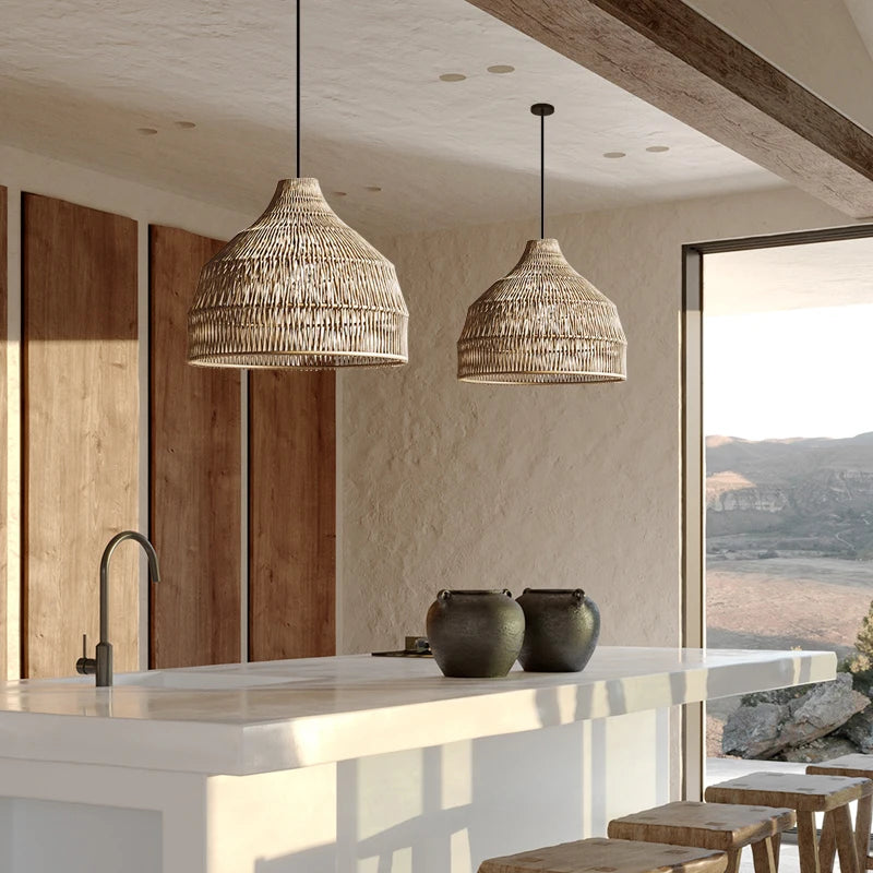 Rattan Pendant Light – Vintage Modern for Kitchen Island, Dining Room, Restaurant | Liora Beam by Evenlyr
