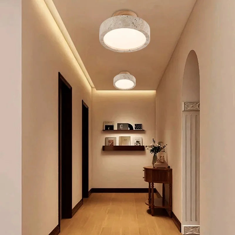 Wabi-Sabi Japanese Flush Mount Ceiling Light – Travertine & Wood Low-Profile for Dining Room, Trade Projects | Zaria Crest by Evenlyr