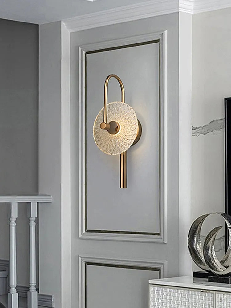 Modern Luxury Round Glass Wall Sconce Brass Frame Sunburst Shade Lamp Bedroom Villa Hotel Warm Soft Indoor Home Decor Lighting