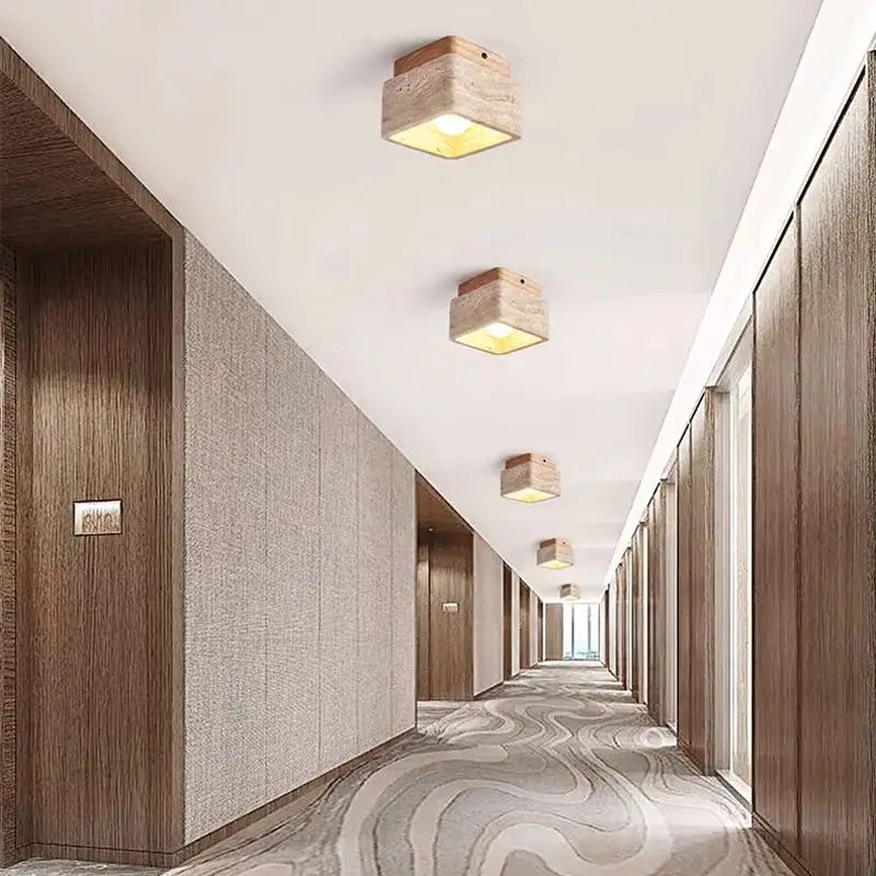 Travertine & Wood Flush Mount Ceiling Light – Wabi-Sabi Japanese Low-Profile for Bedroom, Hallway, Living Room | Bellara Halo by Evenlyr