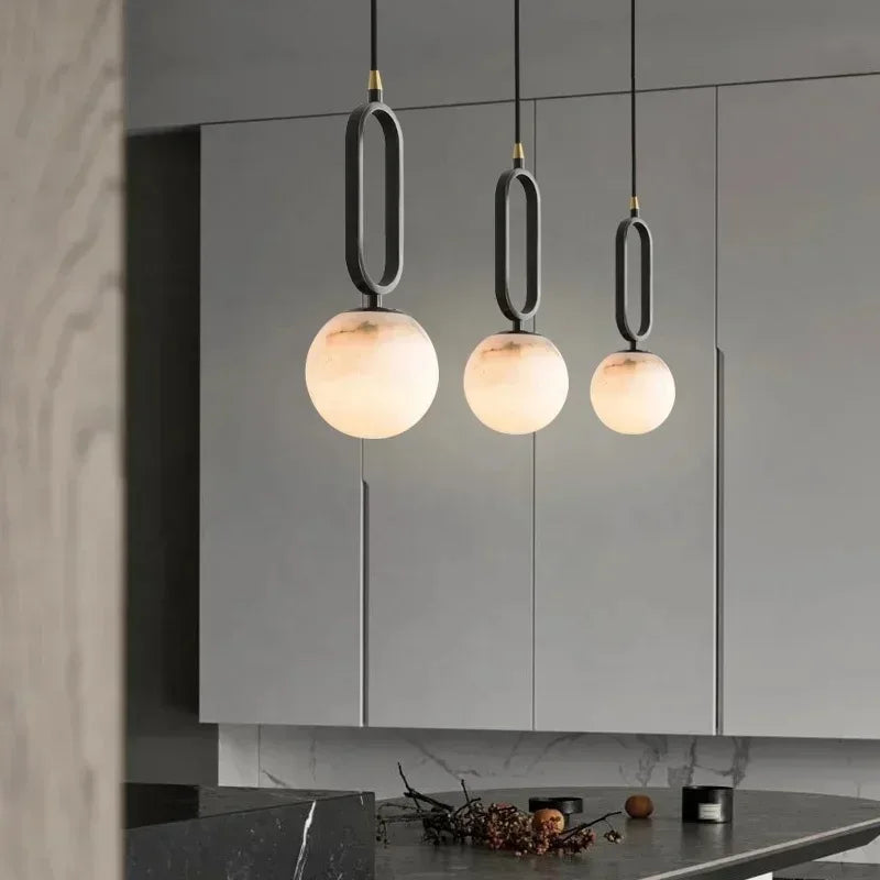 Thalia Halo Globe Alabaster Pendant Light – Modern Alabaster Globe Pendant Lights for Restaurant