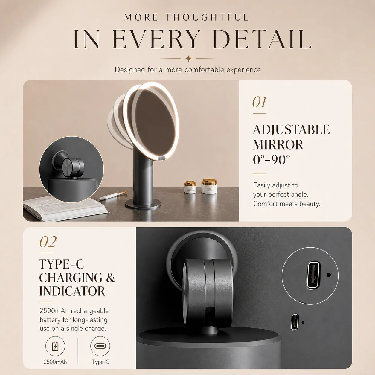 Doria Rechargeable LED Makeup Mirror – Stepless Dimming