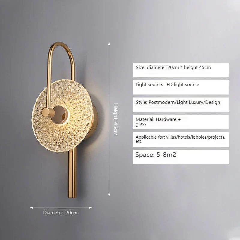 Modern Luxury Round Glass Wall Sconce Brass Frame Sunburst Shade Lamp Bedroom Villa Hotel Warm Soft Indoor Home Decor Lighting