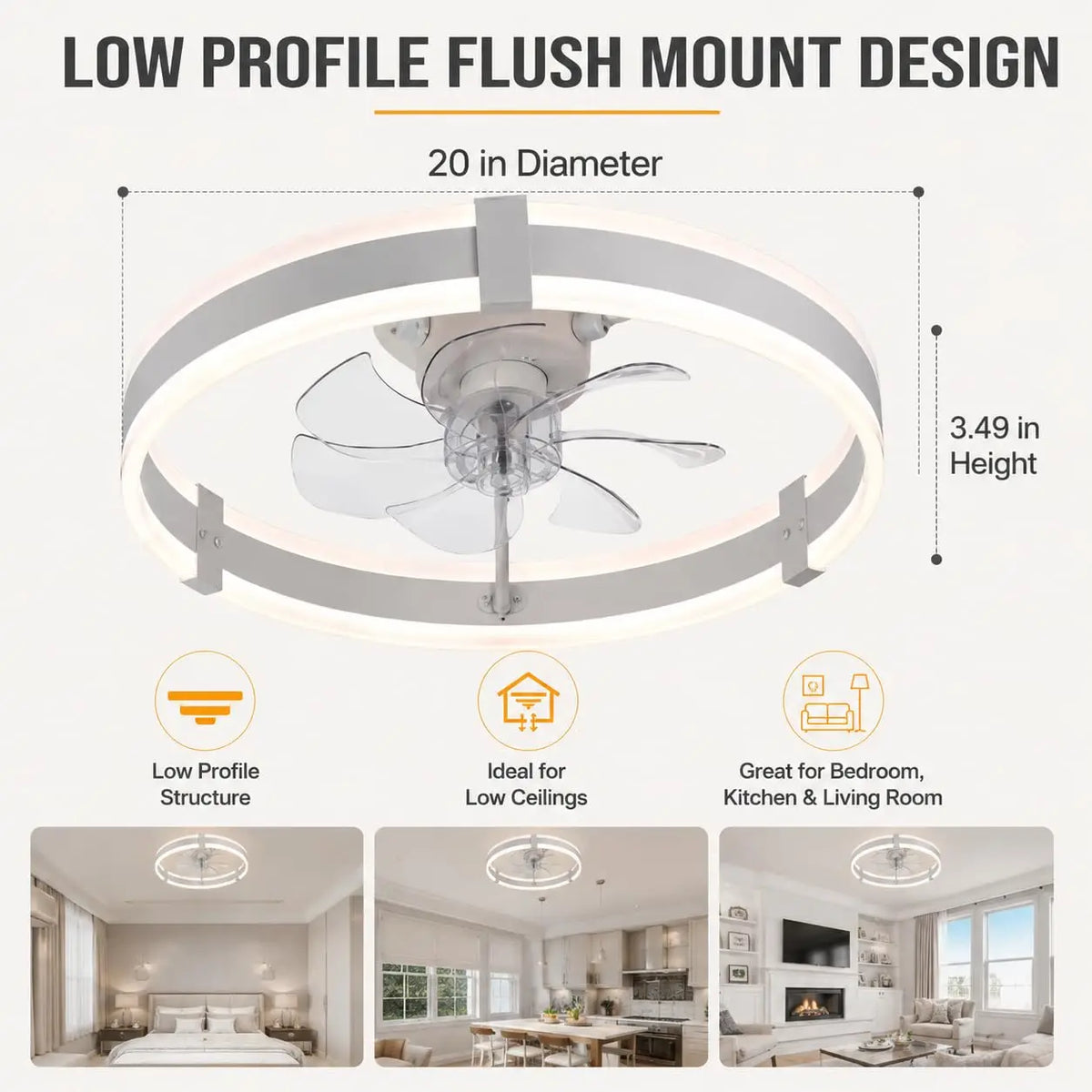Ravena Low Profile Ceiling Fan with Light for Kitchen – Remote Control – detail view 8