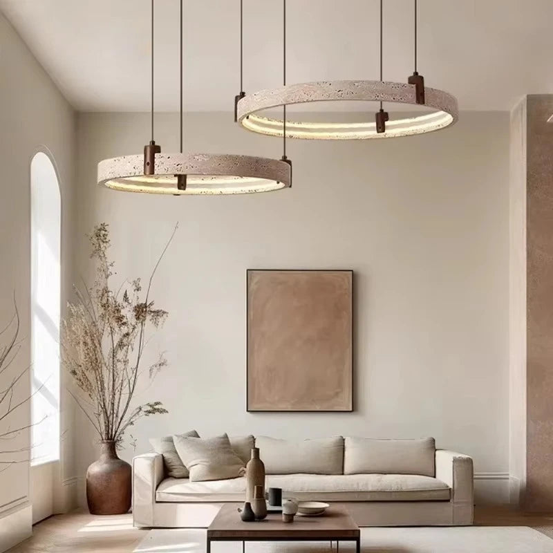 Travertine Round Pendant Light – Wabi-Sabi Minimalist LED for Living Room | Maris Arc by Evenlyr