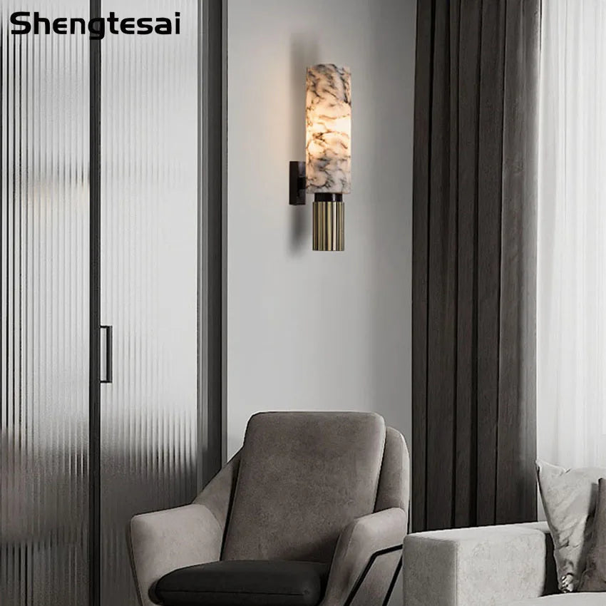 Fiora Veil Cylinder Alabaster Wall Sconce – Modern Alabaster Cylinder Wall Sconces for Dining Room