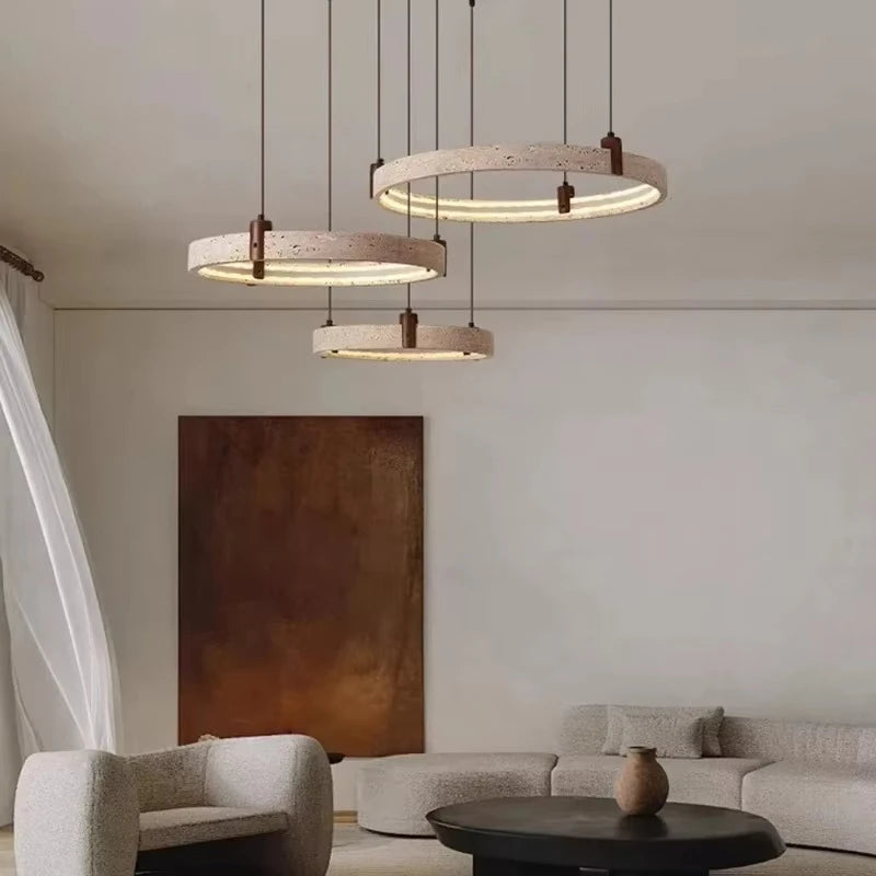 Travertine Round Pendant Light – Wabi-Sabi Minimalist LED for Living Room | Maris Arc by Evenlyr