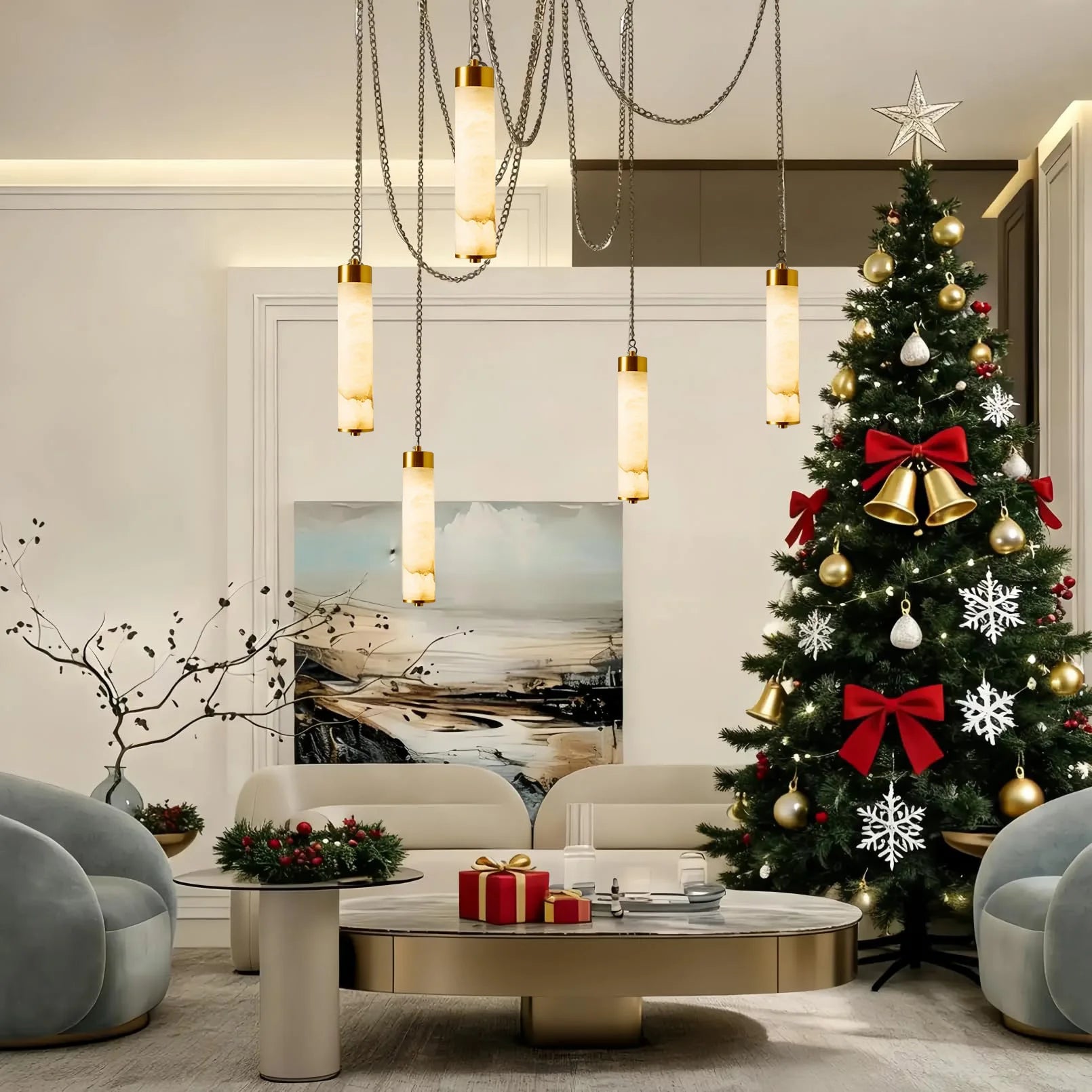 Alabaster & Marble Chandelier – Modern Minimalist Multi-Light for Dining Room, Living Room, Staircase | Mirelle Halo by Evenlyr