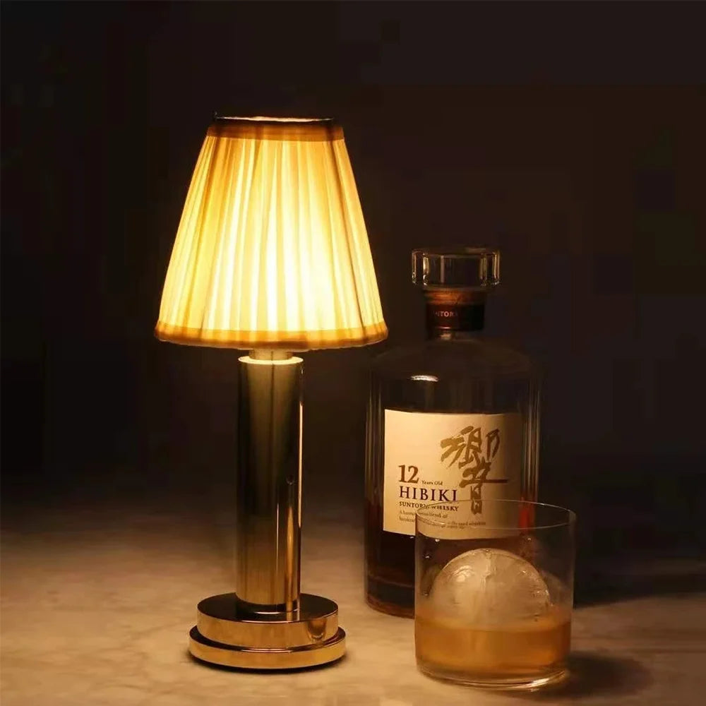 Brass & Fabric Table Lamp – Modern Minimalist Cordless Rechargeable for Bedside, Restaurant Table, Hotel Room | Delphine Column by Evenlyr
