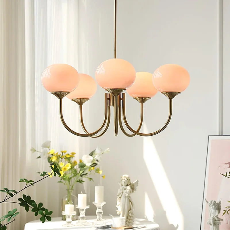 Aurelia Pink-Globe Brass Chandelier for Dining Room – French Cream