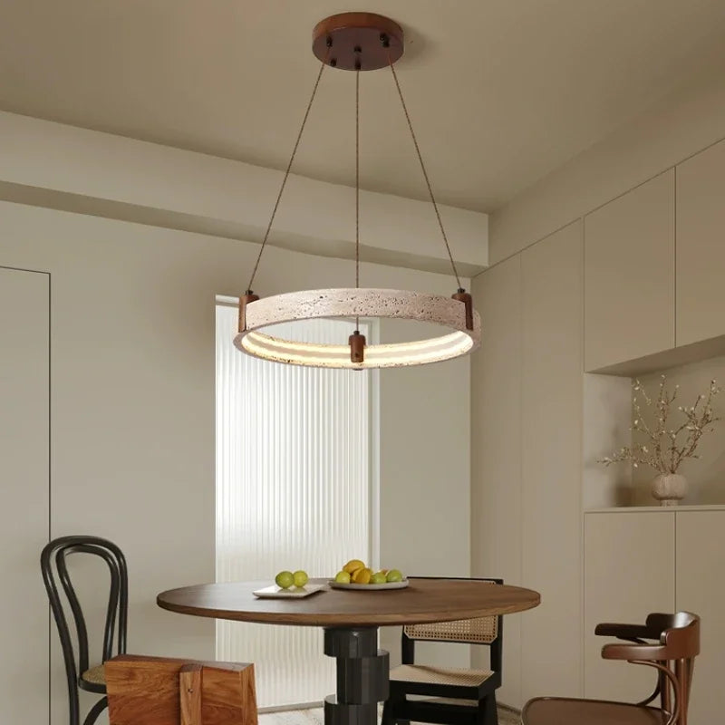 Travertine Round Pendant Light – Wabi-Sabi Minimalist LED for Living Room | Maris Arc by Evenlyr