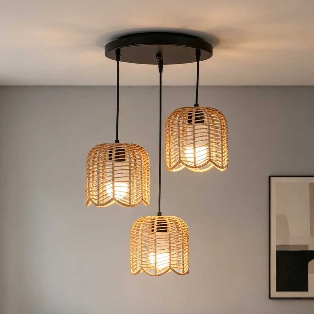 Rattan & Wood Chandelier – European Classic for Dining Room, Living Room, Foyer | Evanthe Orbit by Evenlyr