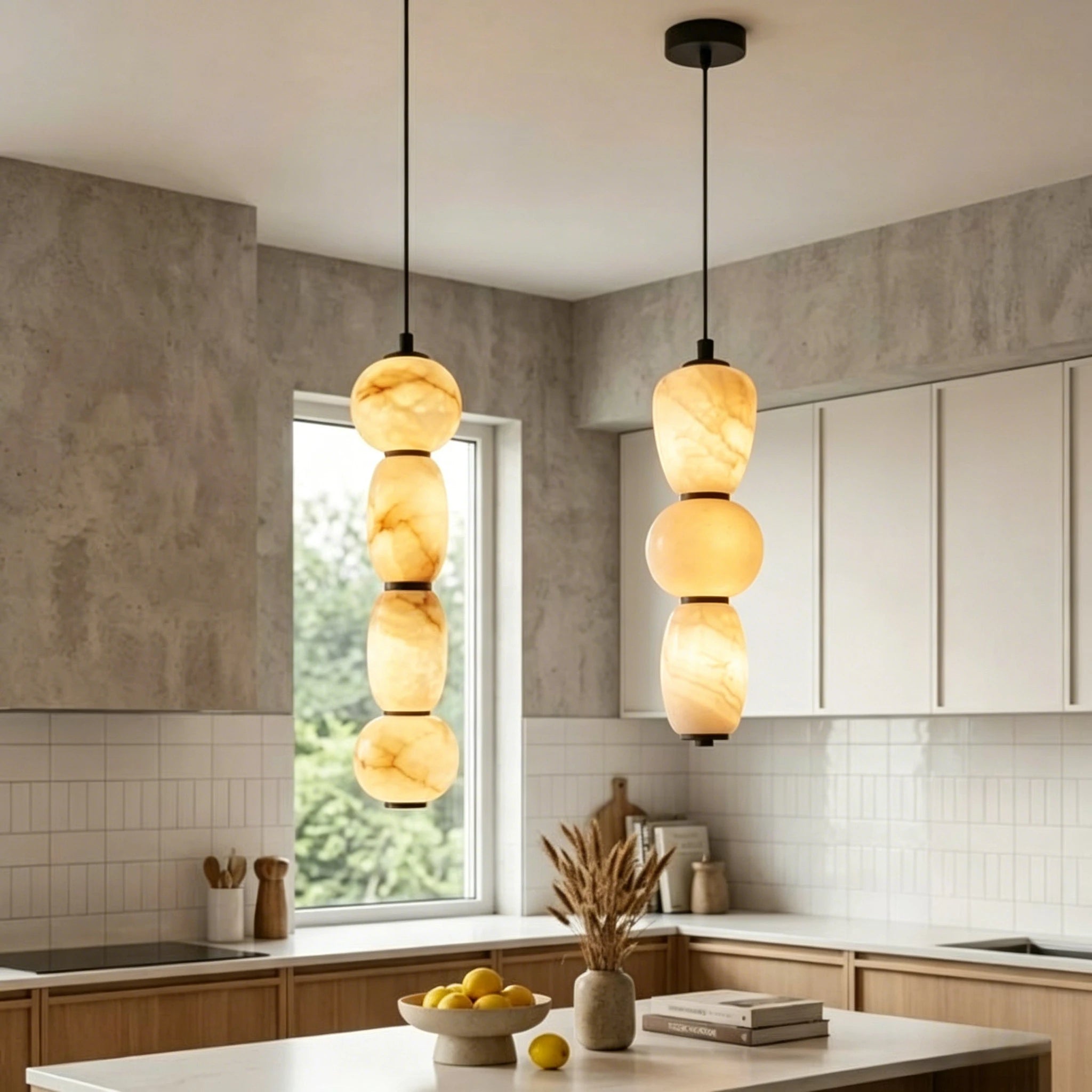 Valenne Halo Sculptural Alabaster Pendant Light – Designer Modern Alabaster Sculptural Pendant Lights for Dining Room