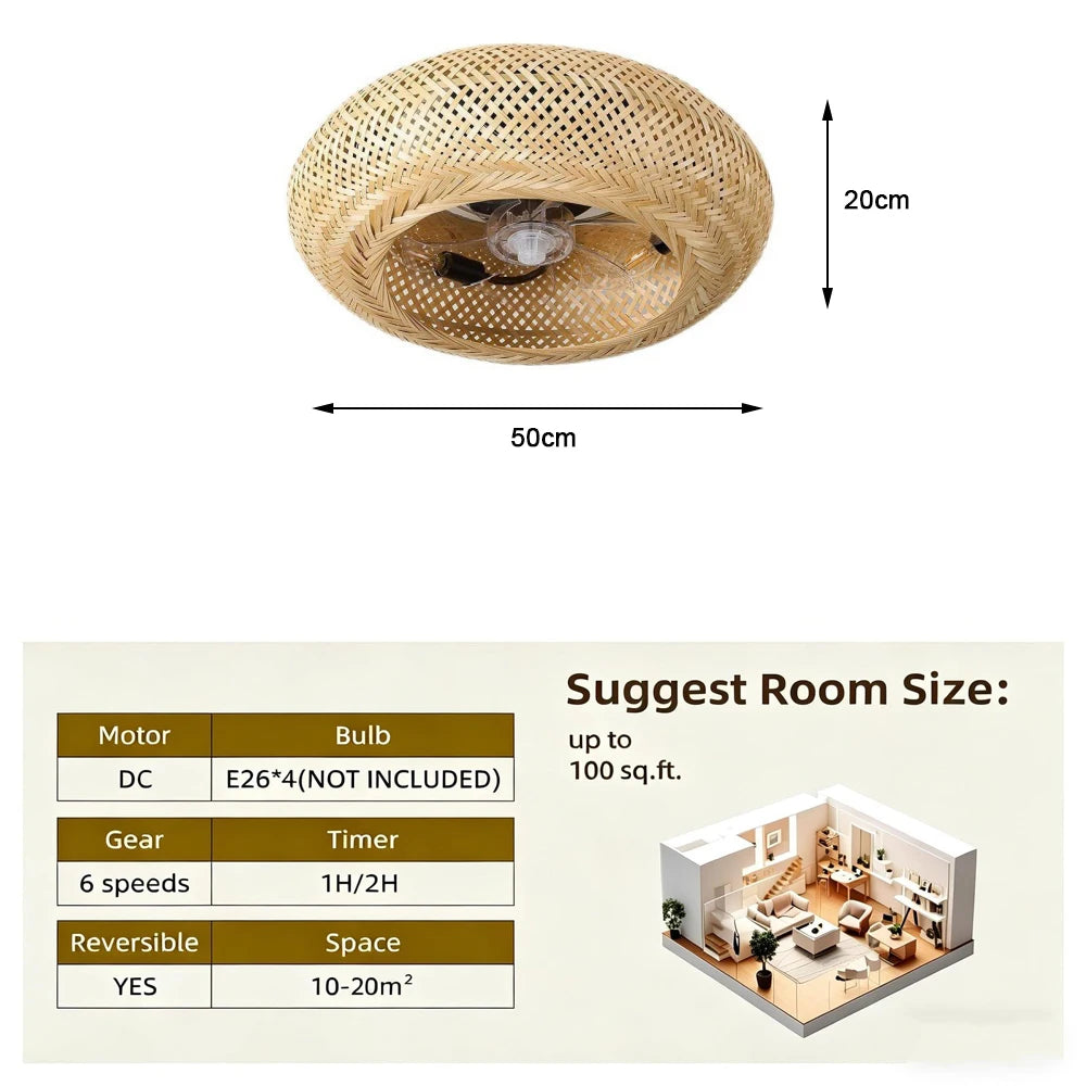 Ravena Bamboo-Woven Invisible-Blade Ceiling Fan Light – Remote Control