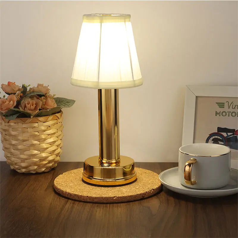 Brass & Fabric Table Lamp – Modern Minimalist Cordless Rechargeable for Bedside, Restaurant Table, Hotel Room | Delphine Column by Evenlyr