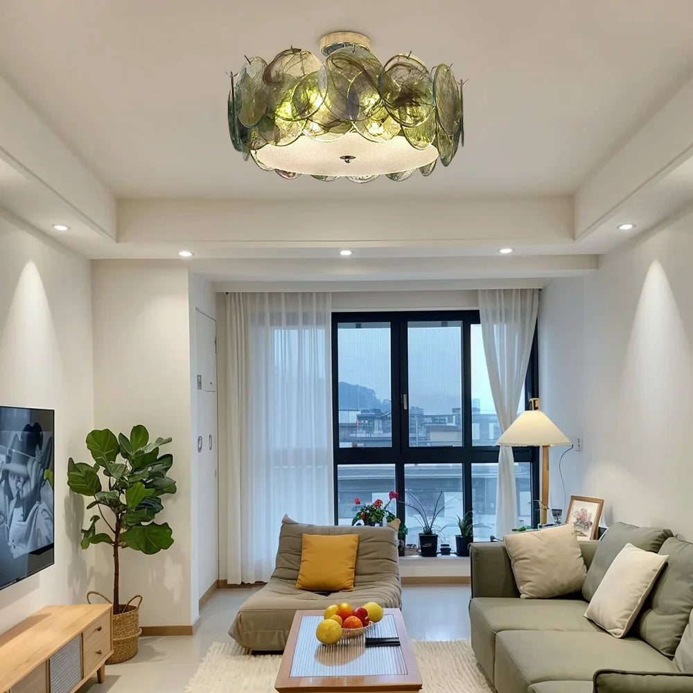 Glass & Brass Round Flush Mount Ceiling Light – Modern for Bedroom & Bedside, Living Room, Dining Room & Kitchen | Solenne Glow by Evenlyr