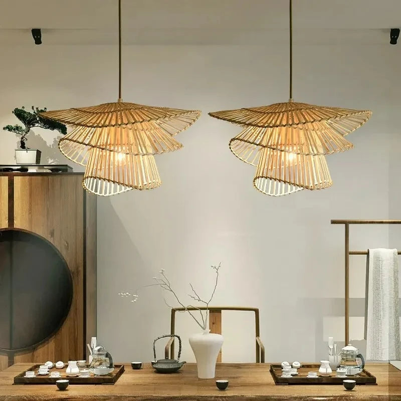Rattan & Wood Chandelier – Wabi-Sabi Japanese for Dining Room, Bedroom, Living Room | Amaris Dome by Evenlyr