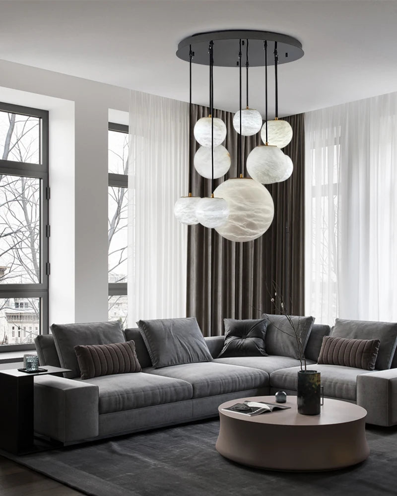 Alabaster & Marble Globe Chandelier – Modern Dimmable LED for Living Room, Bedroom & Bedside | Lunara Frame by Evenlyr