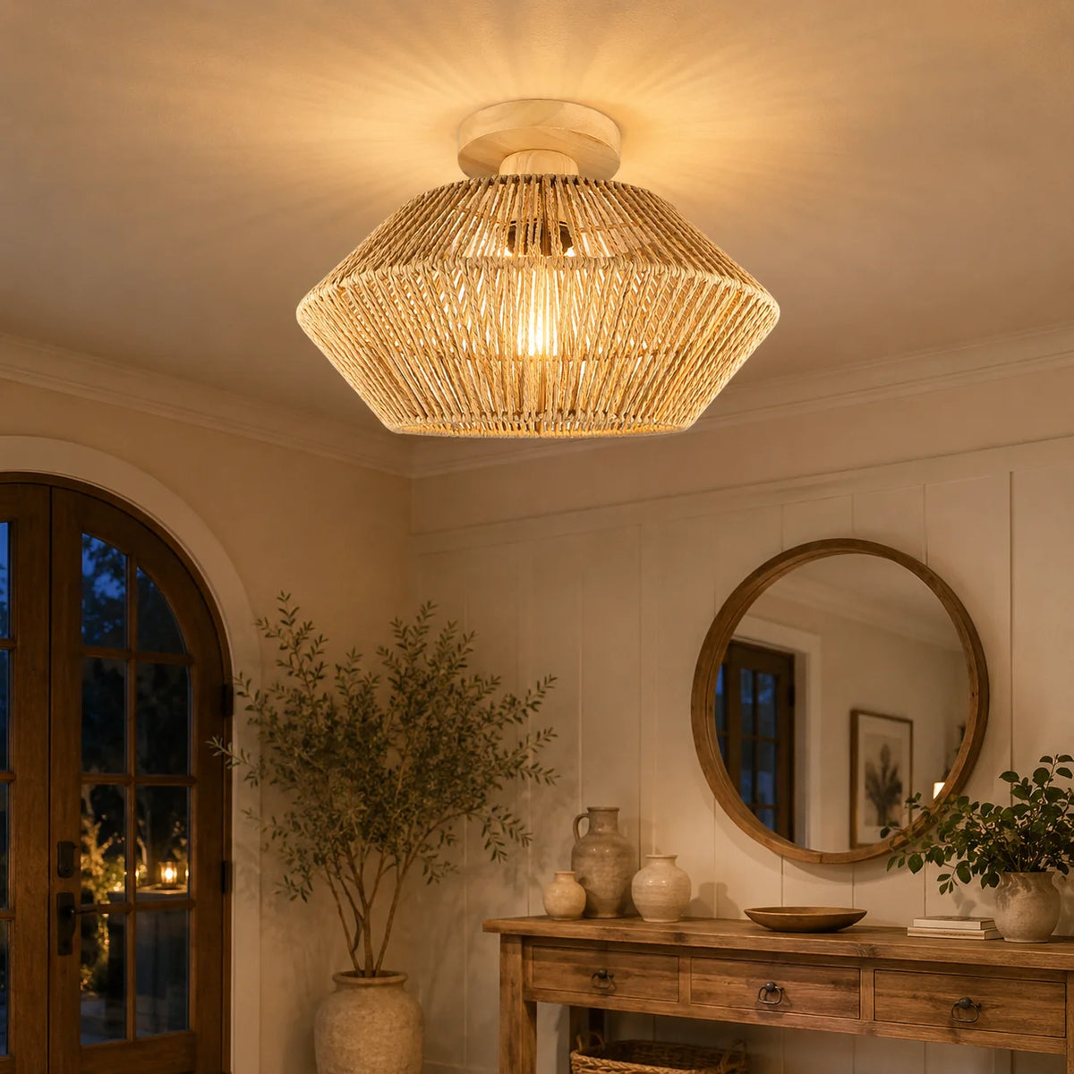 Firenze Rattan Flush Mount Ceiling Light for Living Room – detail view 6