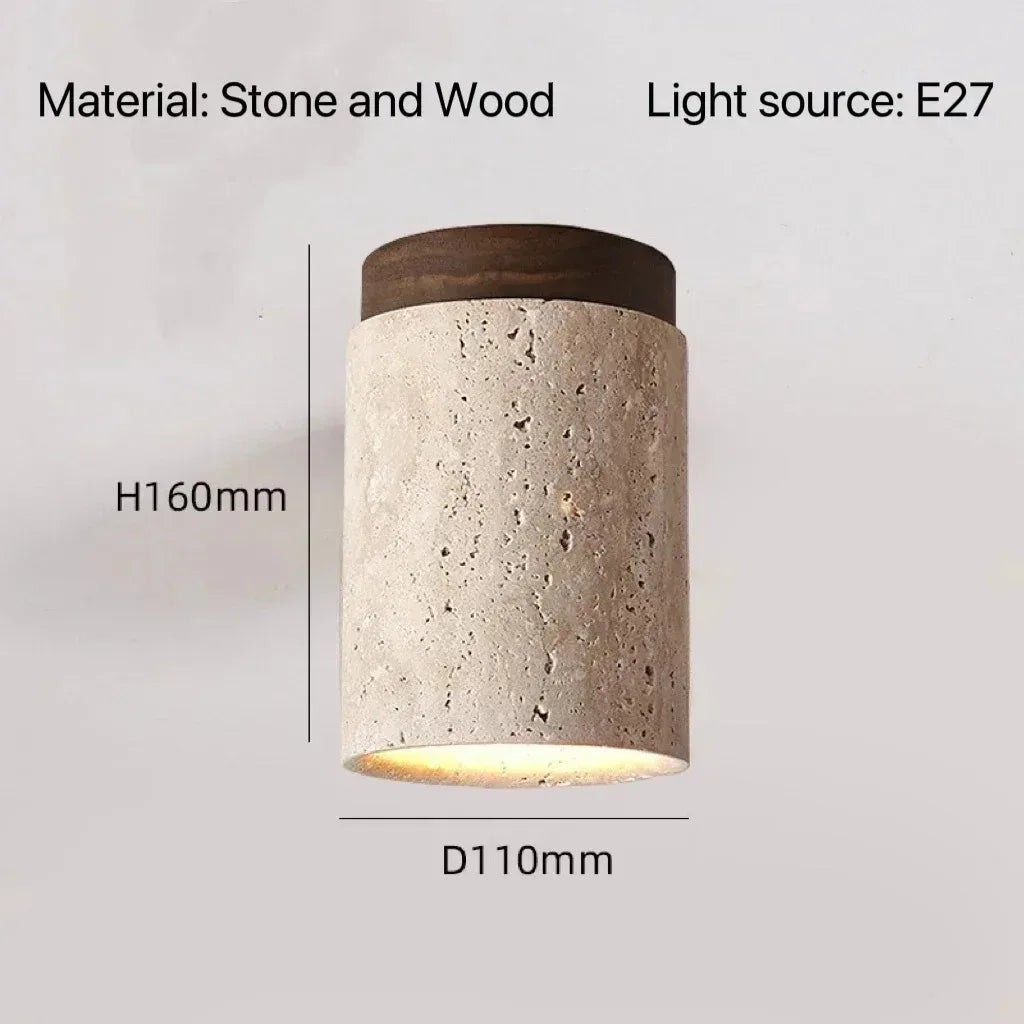 Travertine & Wood Round Flush Mount Ceiling Light – Japanese LED for Hallway & Entryway, Living Room | Maris Contour by Evenlyr