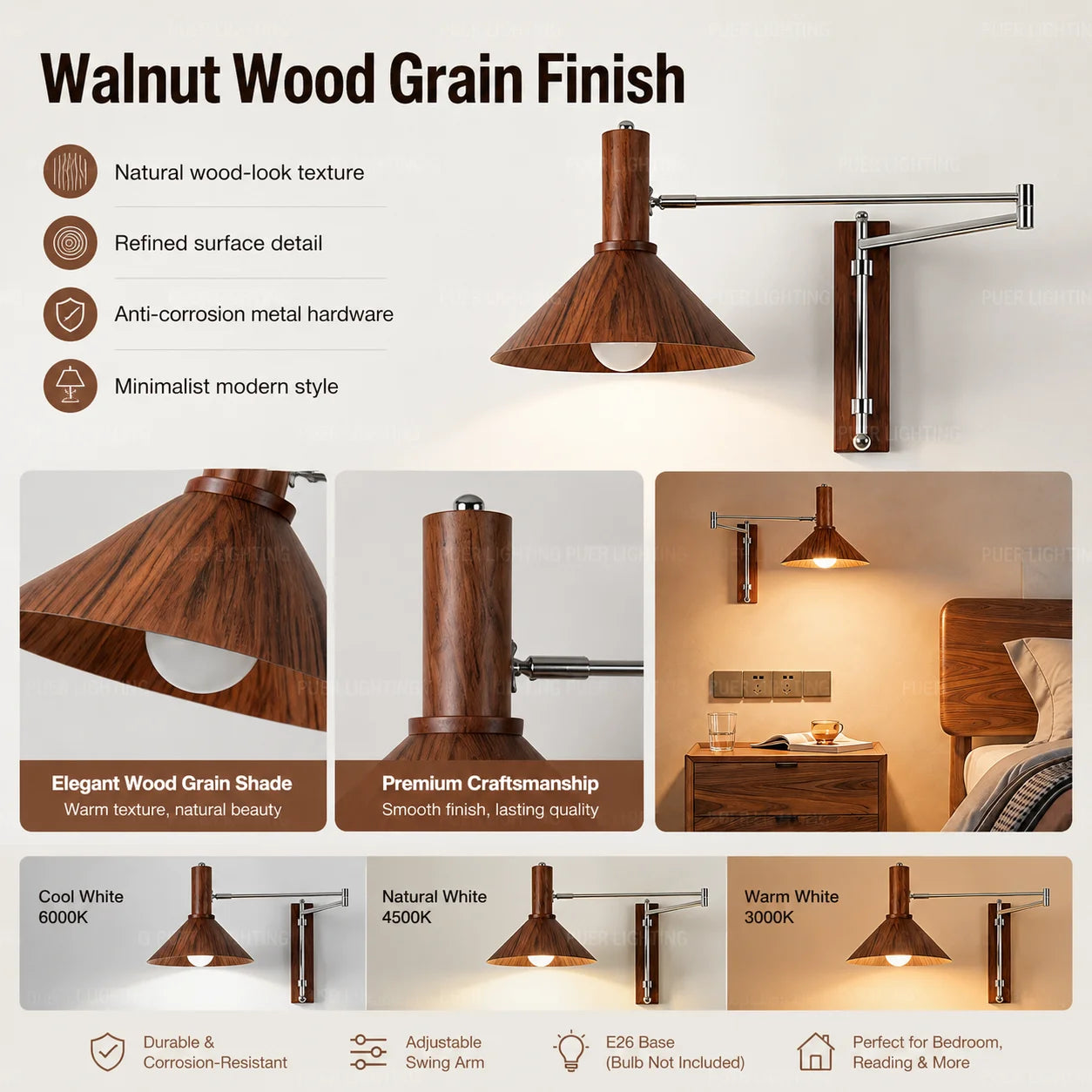 Wood Linear Adjustable Swing-Arm Wall Sconce – Modern Adjustable Plug-In Linear for Bedroom & Bedside, Living Room | Aveline Glow by Evenlyr