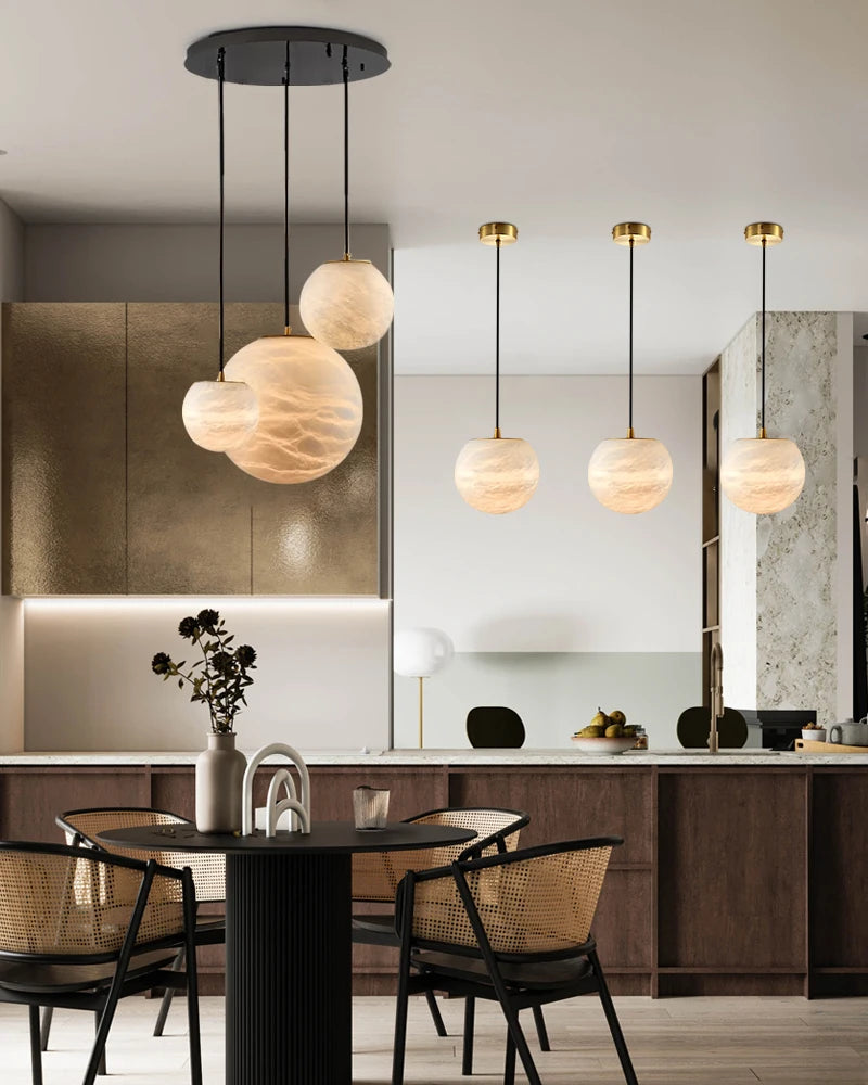 Alabaster & Marble Globe Chandelier – Modern Dimmable LED for Living Room, Bedroom & Bedside | Lunara Frame by Evenlyr