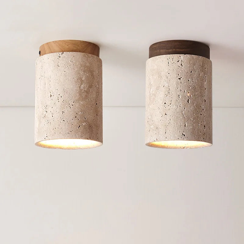 Travertine & Wood Flush Mount Ceiling Light – Vintage Modern Low-Profile for Hallway, Bedroom, Living Room | Coralie Halo by Evenlyr