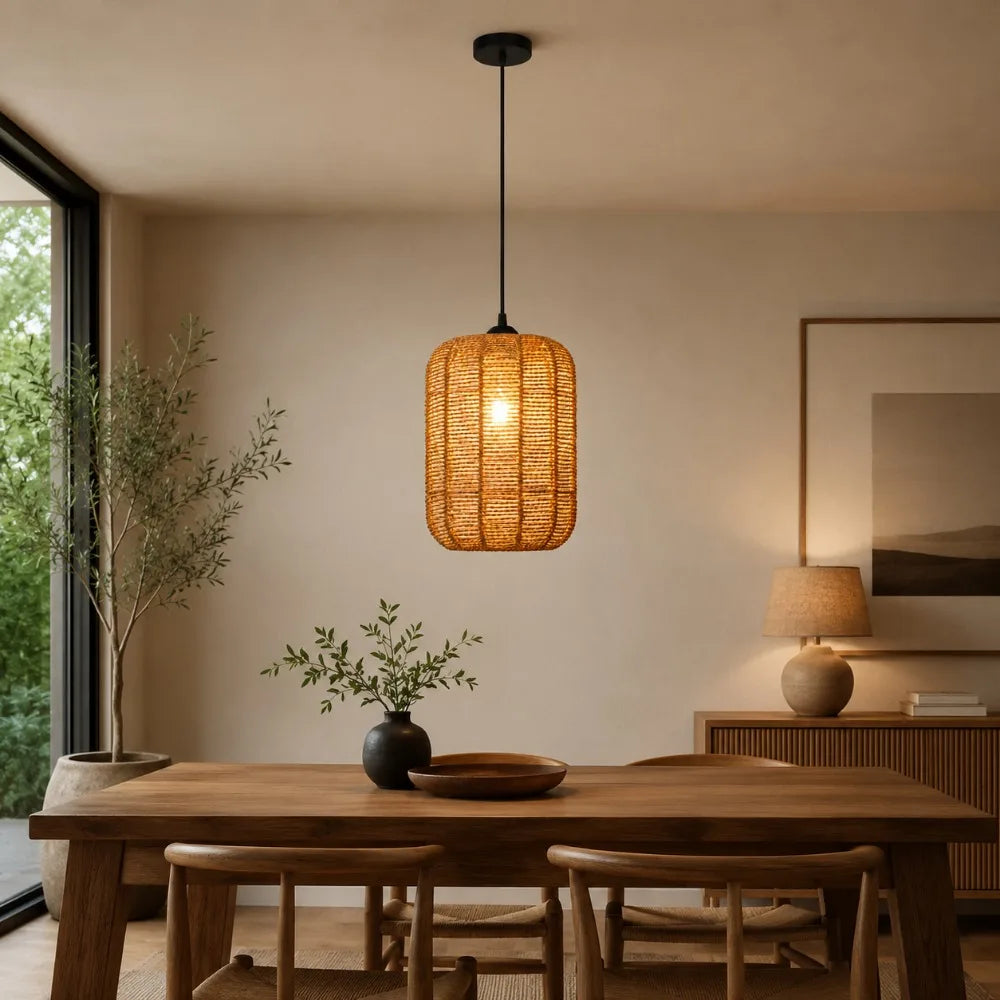 Paper & Rattan Pendant Light – Organic Modern for Kitchen Island, Dining Room, Restaurant | Mirelle Orbit by Evenlyr