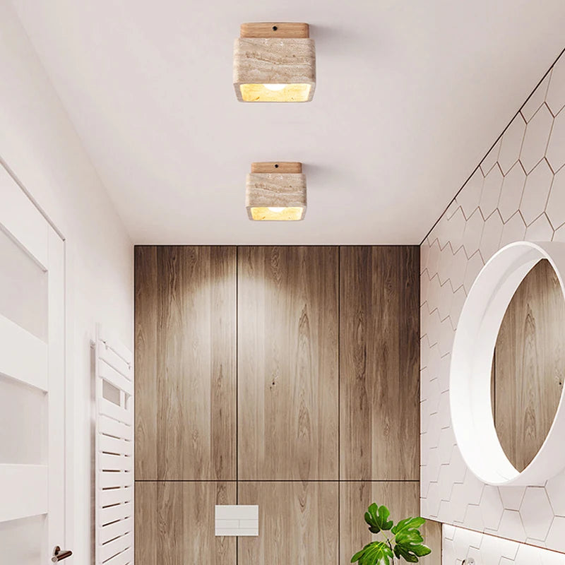 Wabi-Sabi Japanese Flush Mount Ceiling Light – Travertine & Wood Low-Profile for Living Room, Trade Projects | Amaris Crest by Evenlyr