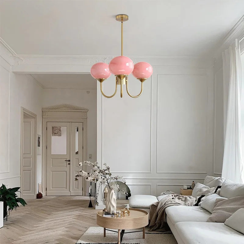 Aurelia Pink-Globe Brass Chandelier for Dining Room – French Cream