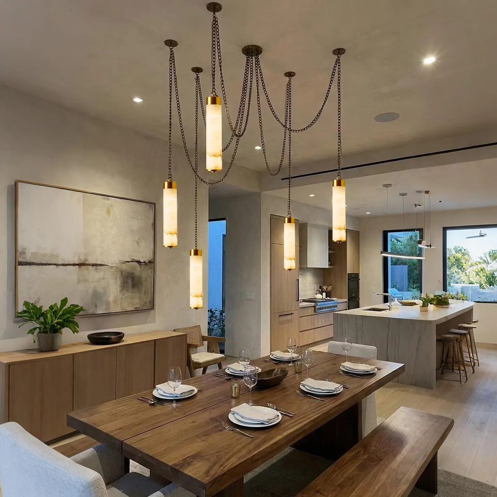Modern Minimalist Chandelier – Alabaster & Marble Multi-Light for Staircase, Hotel Lobby | Elaris Crest by Evenlyr