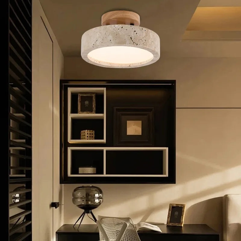 Wabi-Sabi Japanese Flush Mount Ceiling Light – Travertine & Wood Low-Profile for Dining Room, Trade Projects | Zaria Crest by Evenlyr