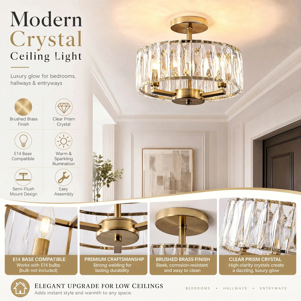 Crystal Round Flush Mount Ceiling Light – Modern for Hallway & Entryway, Living Room, Dining Room & Kitchen | Noemi Arc by Evenlyr