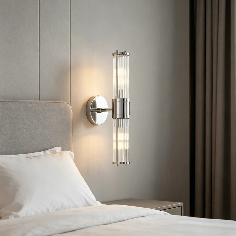 Crystal & Glass Cylinder Wall Sconce – Modern for Bathroom, Bedroom & Bedside, Hotel & Hospitality | Aurelle Frame by Evenlyr