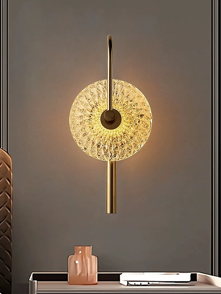 Modern Luxury Round Glass Wall Sconce Brass Frame Sunburst Shade Lamp Bedroom Villa Hotel Warm Soft Indoor Home Decor Lighting