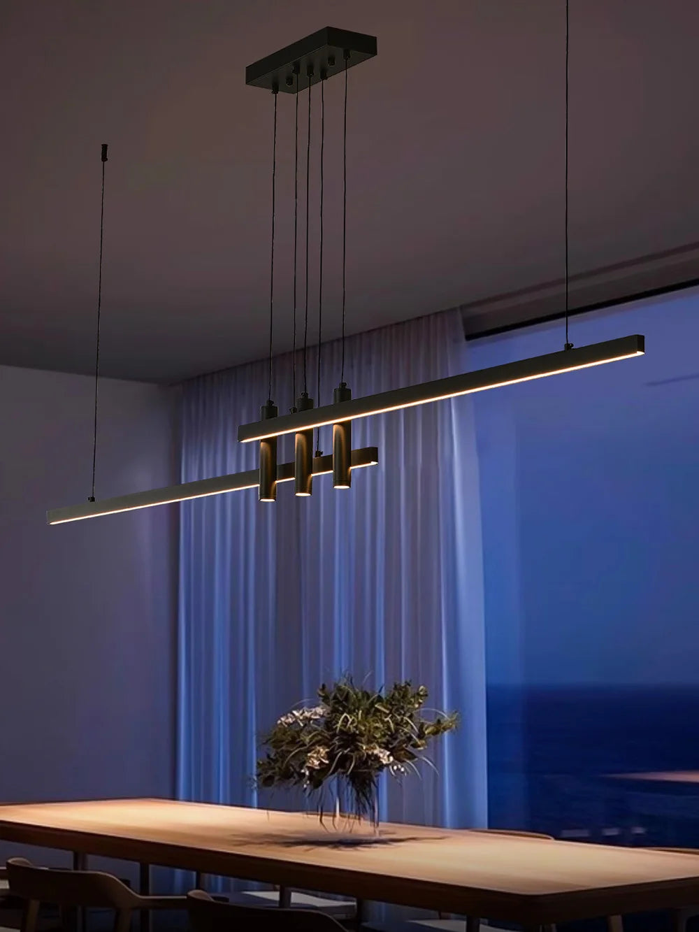Metal Pendant Light – Modern Minimalist Linear LED for Kitchen Island, Dining Room, Restaurant | Maris Halo by Evenlyr