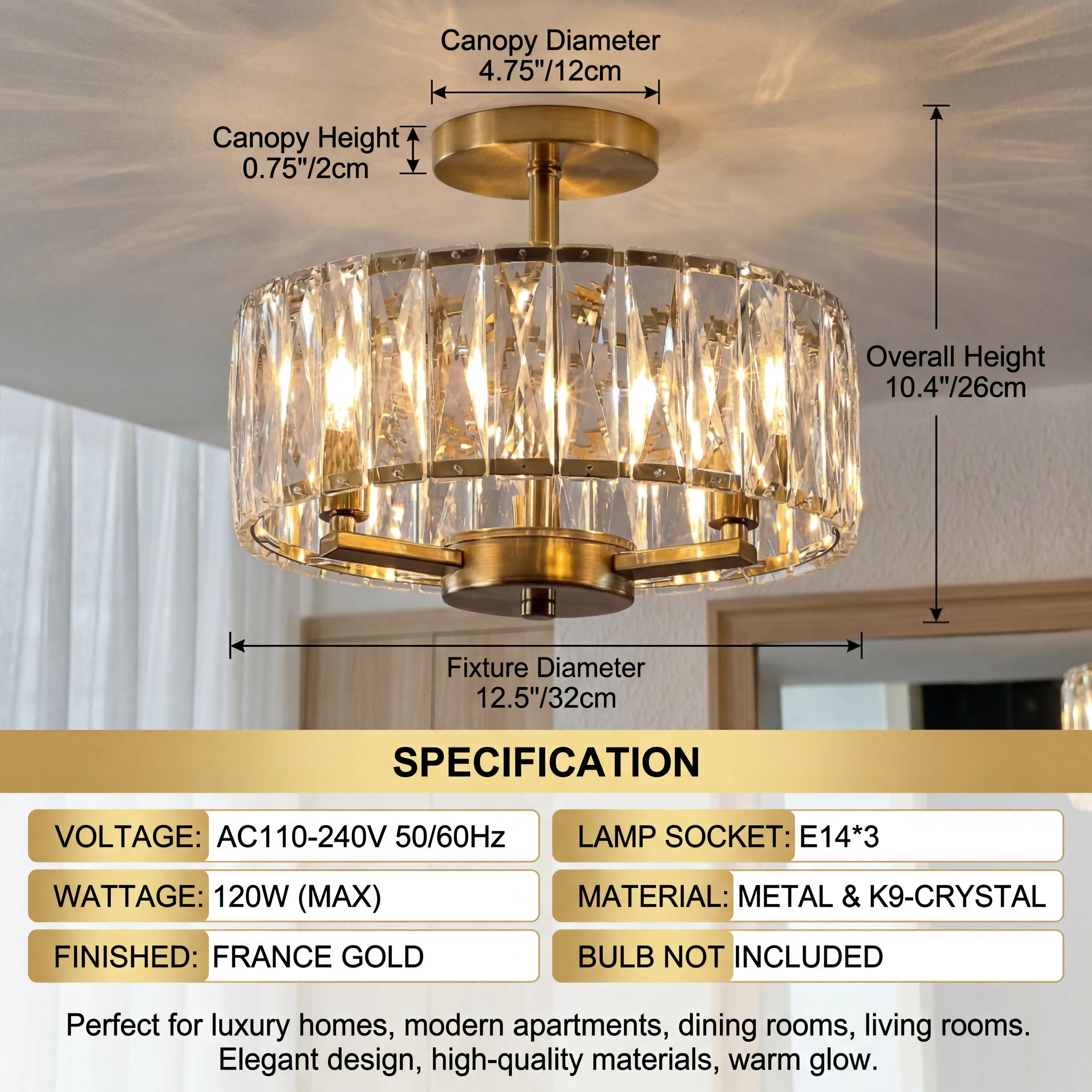 Crystal Round Flush Mount Ceiling Light – Modern for Hallway & Entryway, Living Room, Dining Room & Kitchen | Noemi Arc by Evenlyr