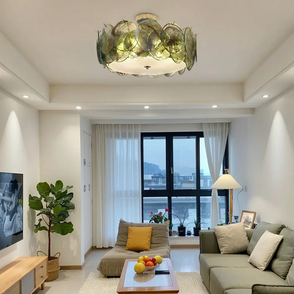 Glass & Brass Round Flush Mount Ceiling Light – Modern for Bedroom & Bedside, Living Room, Dining Room & Kitchen | Solenne Line by Evenlyr