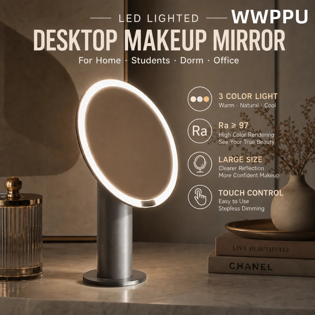 Doria Rechargeable LED Makeup Mirror – Stepless Dimming
