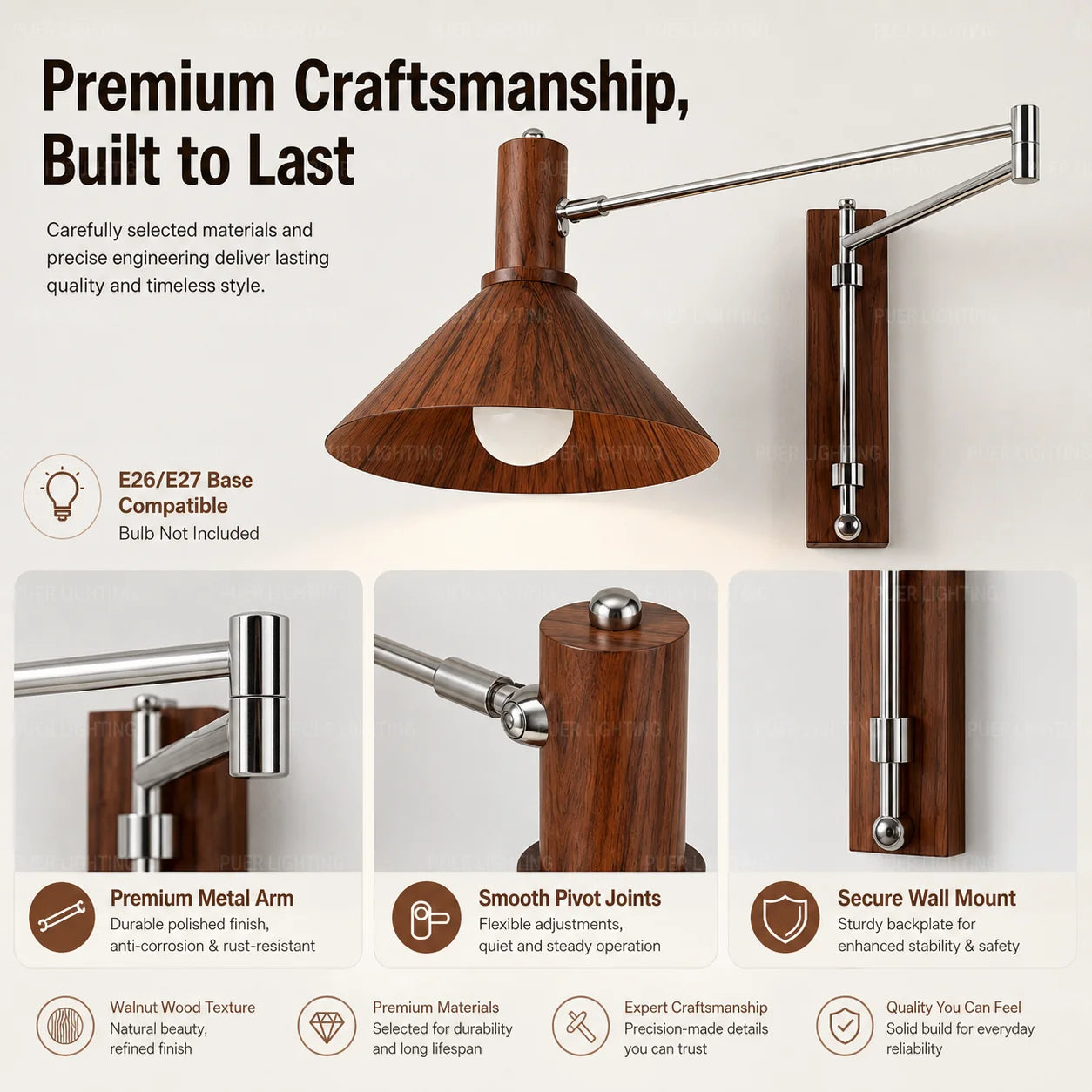 Wood Linear Adjustable Swing-Arm Wall Sconce – Modern Adjustable Plug-In Linear for Bedroom & Bedside, Living Room | Aveline Glow by Evenlyr
