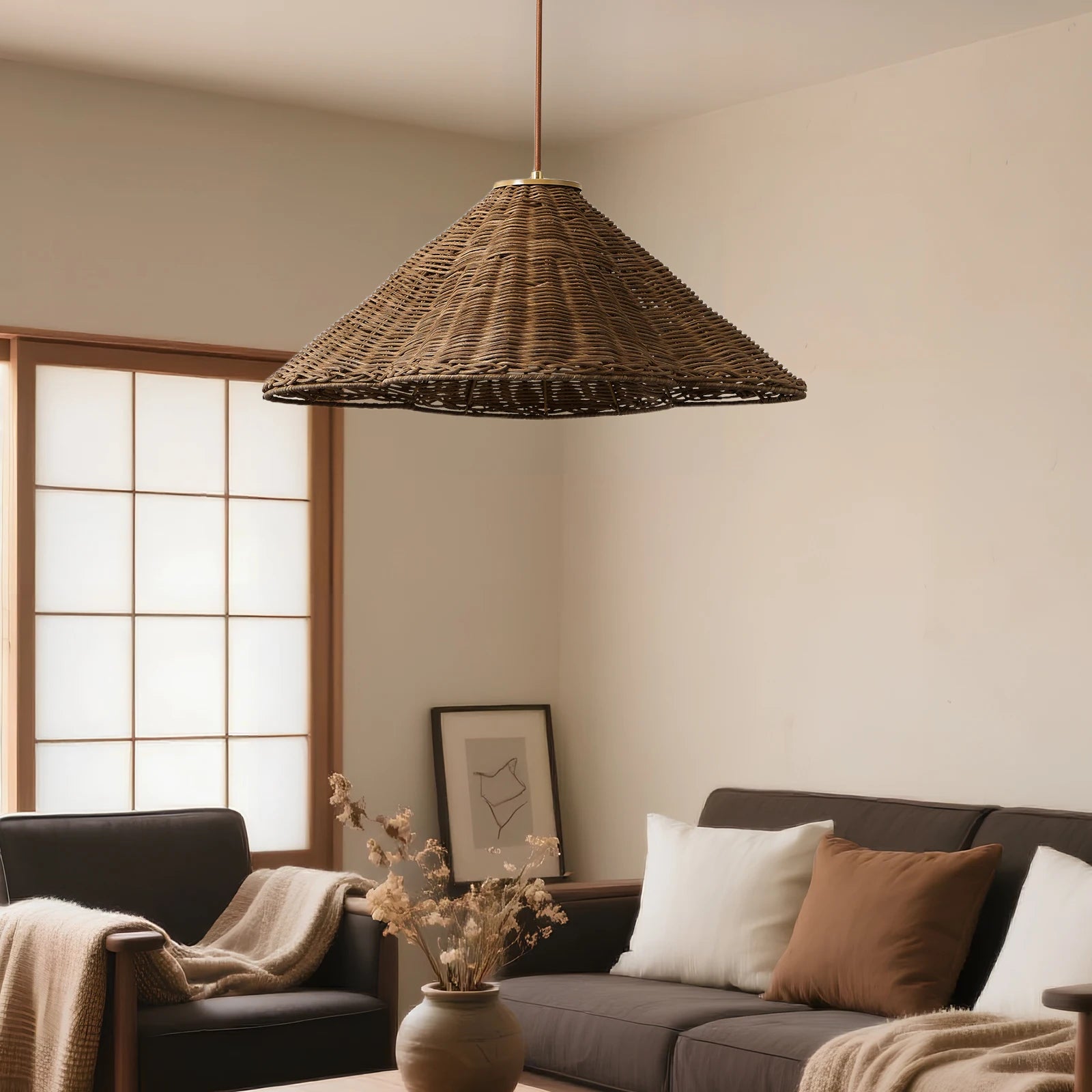 Rattan & Wood Chandelier – Organic Modern for Dining Room, Living Room, Kitchen Island | Solenne Orbit by Evenlyr