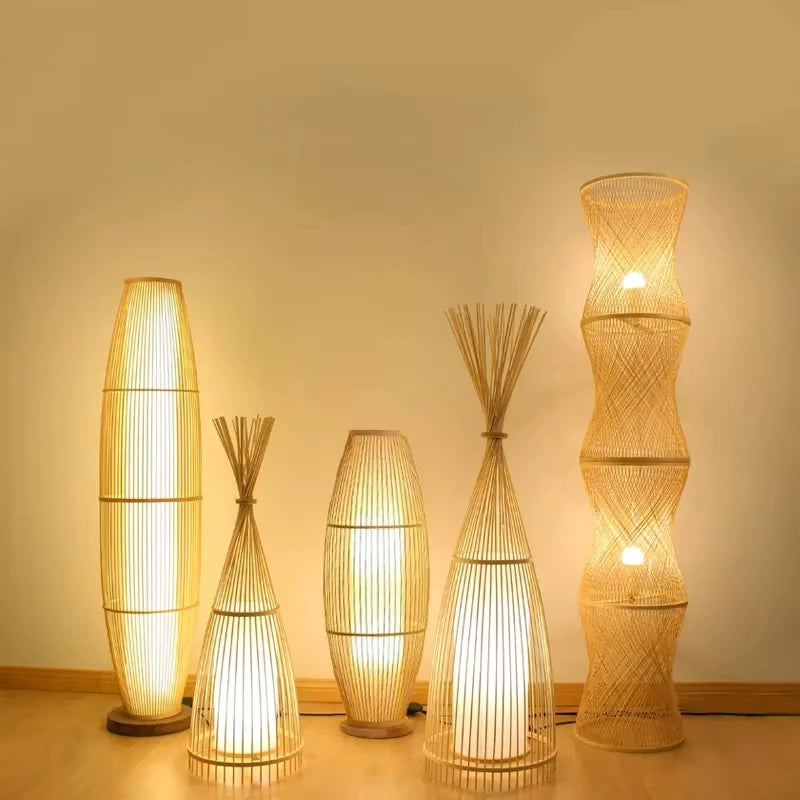 Nero Prism Bamboo and Wood Floor Lamp Art Deco
