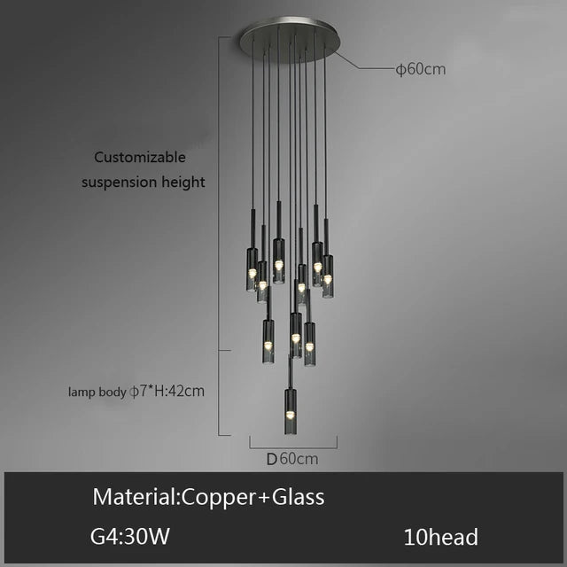 Quintara Long Copper and Glass Chandelier for Staircase