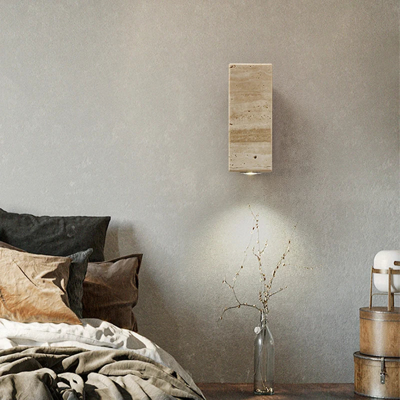 Travertine & Wood Wall Sconce – Wabi-Sabi Japanese for Bedroom, Hallway, Living Room | Fiora Beam by Evenlyr