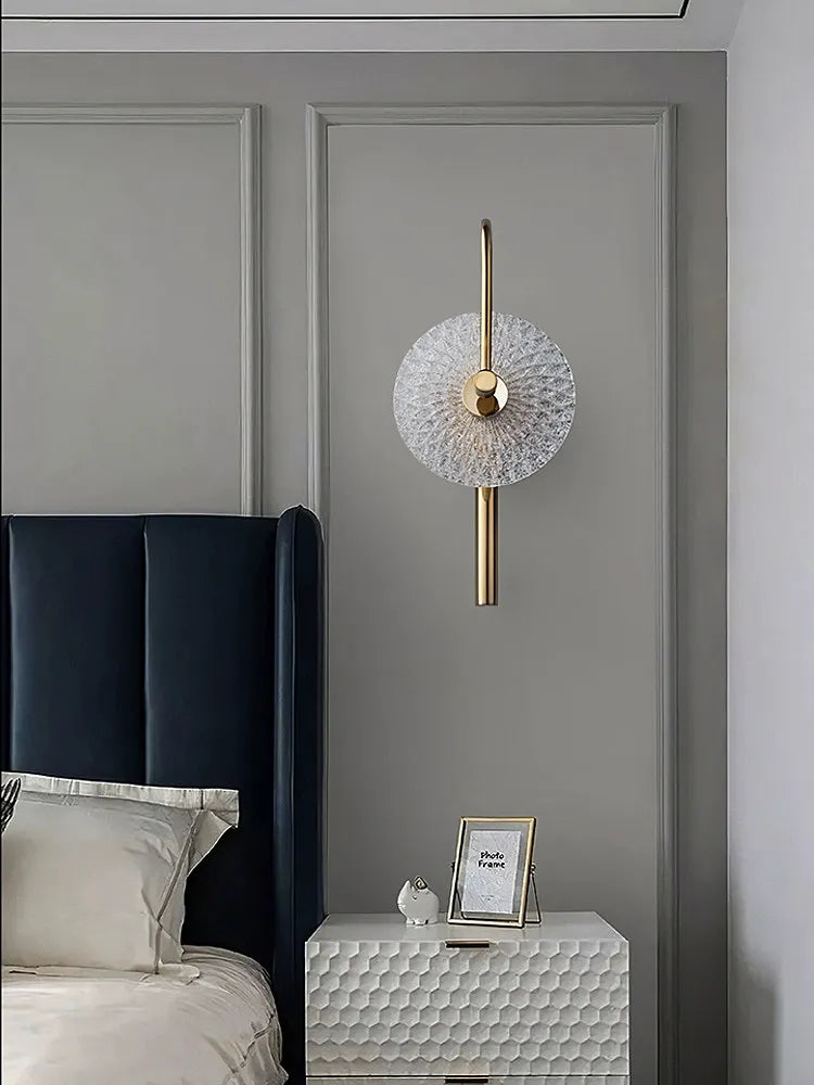 Modern Luxury Round Glass Wall Sconce Brass Frame Sunburst Shade Lamp Bedroom Villa Hotel Warm Soft Indoor Home Decor Lighting