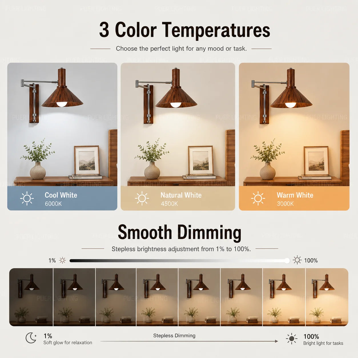 Wood Linear Adjustable Swing-Arm Wall Sconce – Modern Adjustable Plug-In Linear for Bedroom & Bedside, Living Room | Aveline Glow by Evenlyr