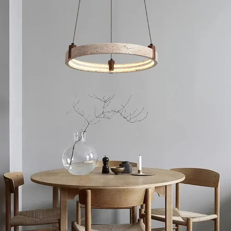 Travertine Round Pendant Light – Wabi-Sabi Minimalist LED for Living Room | Maris Arc by Evenlyr