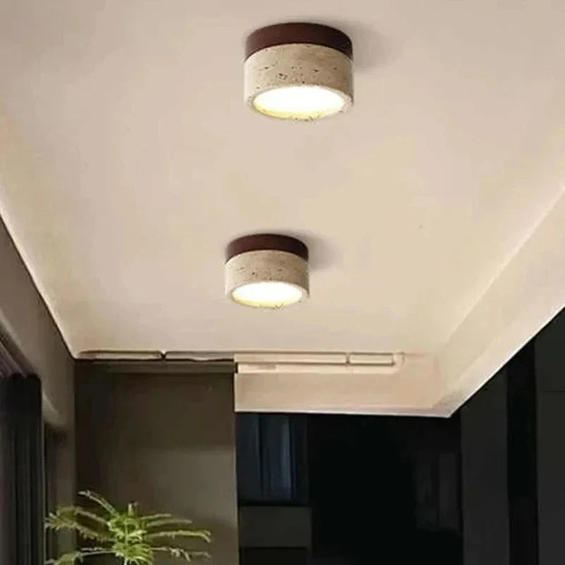 Wabi-Sabi Japanese Flush Mount Ceiling Light – Travertine & Wood Low-Profile for Kitchen, Trade Projects | Vesper Crest by Evenlyr